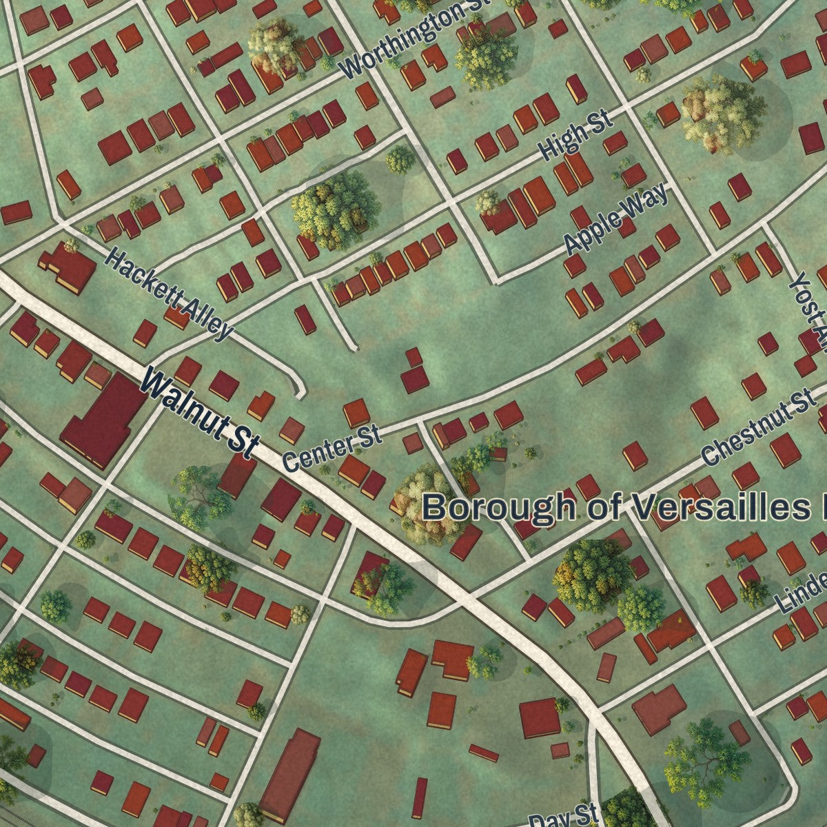 Close-up of the map of Versailles, Pennsylvania print showing street and building detail