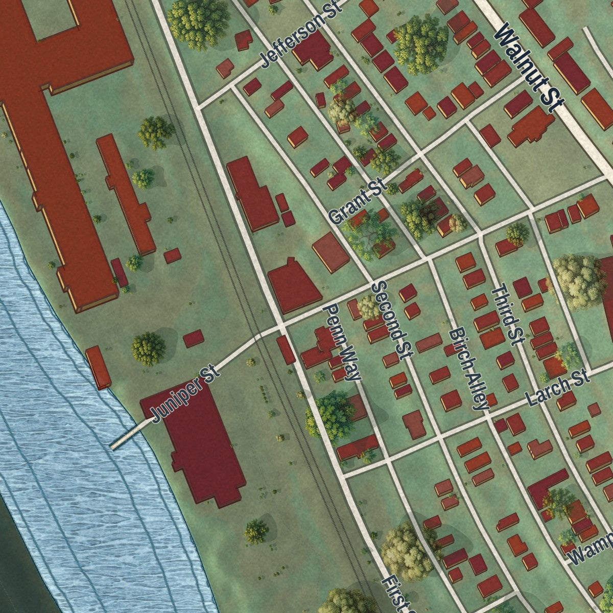 Second close-up of the map of Versailles, Pennsylvania print showing more streets and buildings