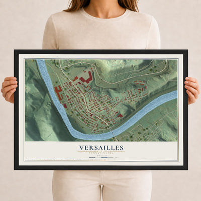 Map of Versailles, Pennsylvania, 12 x 18 inch print in a black wood frame