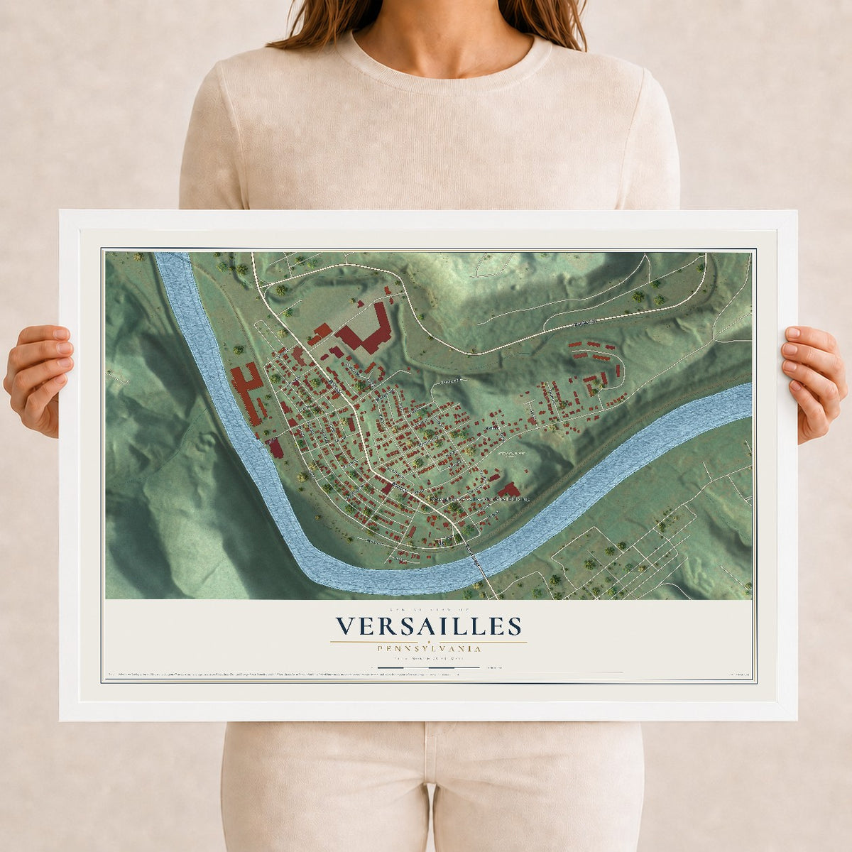 Map of Versailles, Pennsylvania, 12 x 18 inch print in a white wood frame