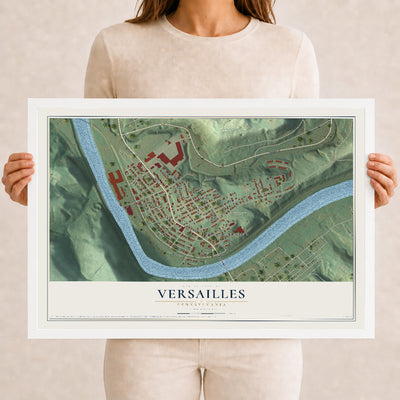 Map of Versailles, Pennsylvania, 12 x 18 inch print in a white wood frame