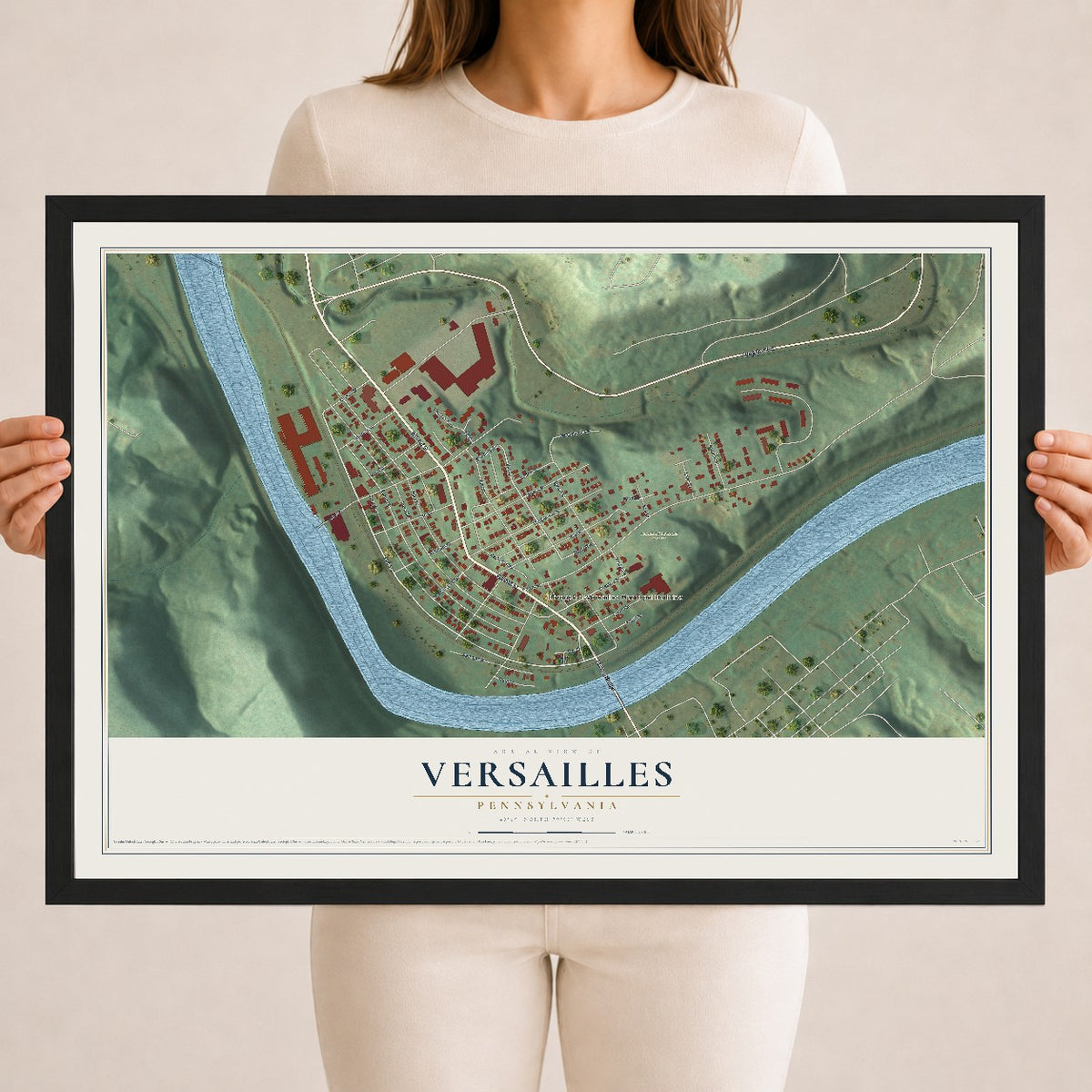 Map of Versailles, Pennsylvania, 18 x 24 inch print in a black wood frame