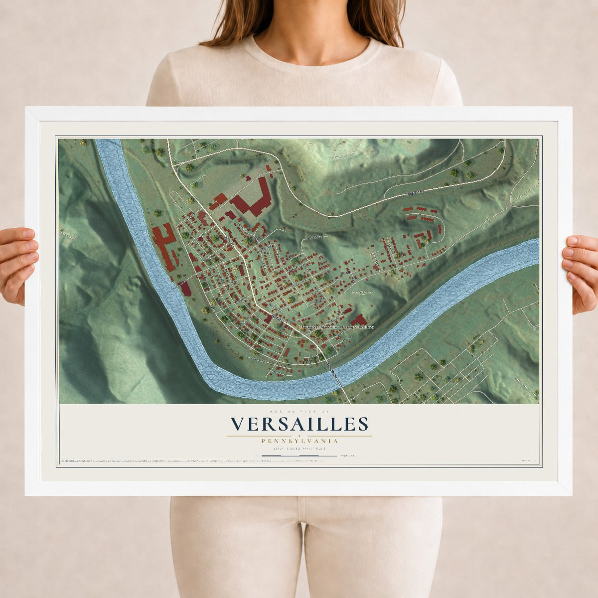 Map of Versailles, Pennsylvania, 18 x 24 inch print in a white wood frame