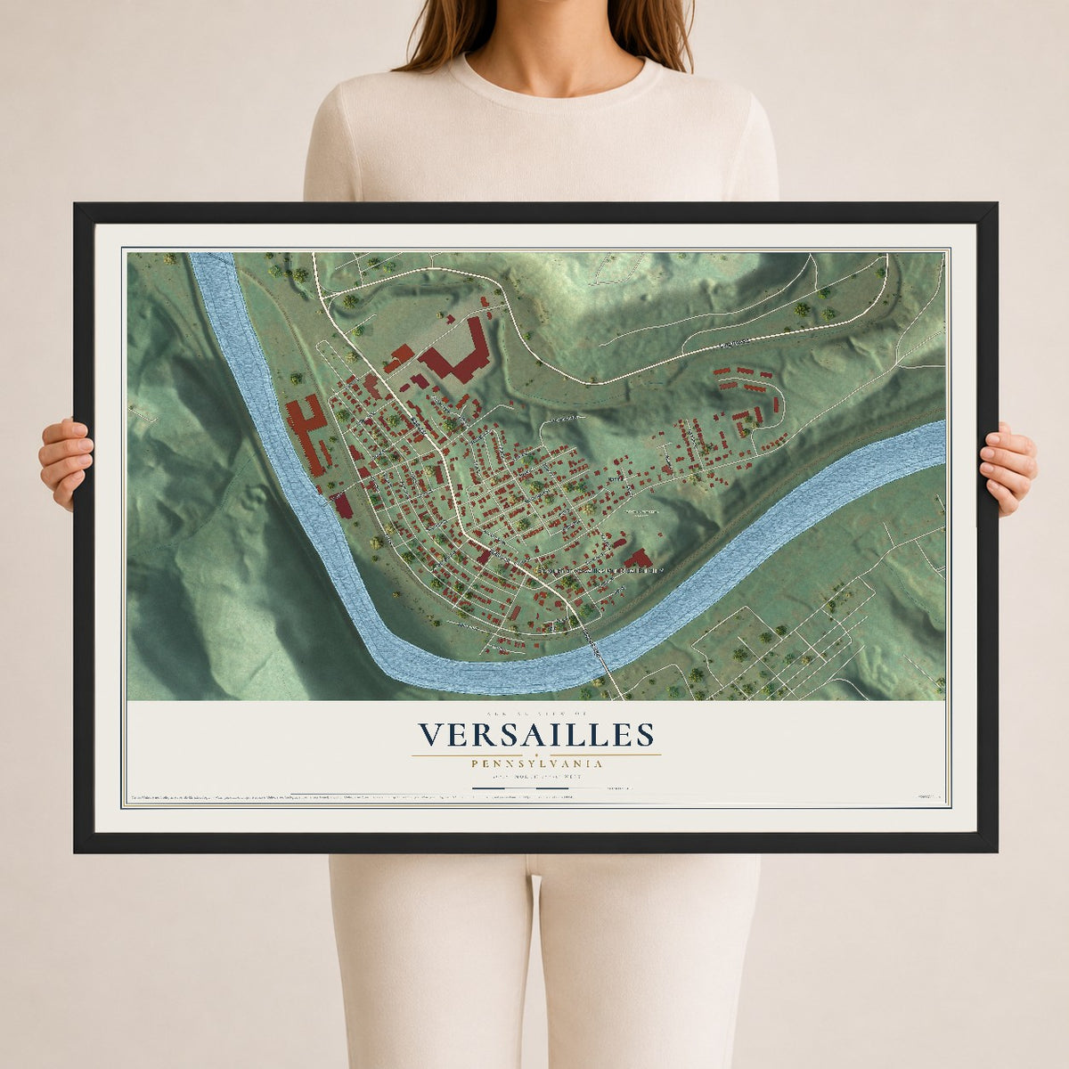 Map of Versailles, Pennsylvania, 24 x 36 inch print in a black wood frame
