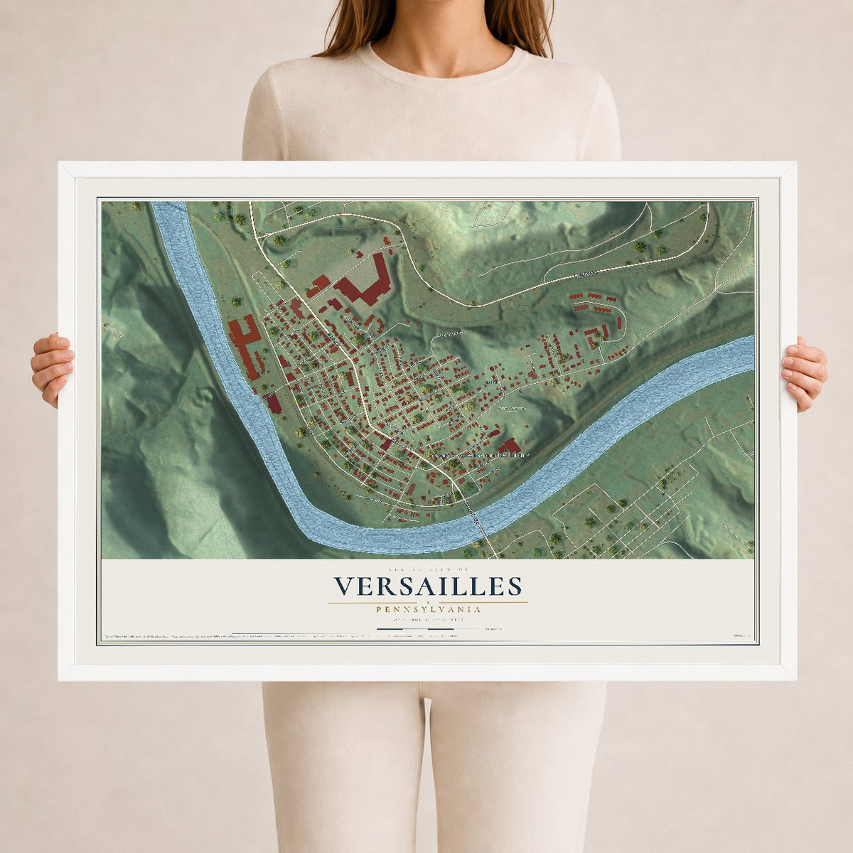 Map of Versailles, Pennsylvania, 24 x 36 inch print in a white wood frame