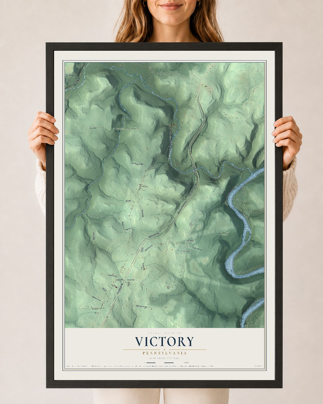Map of Victory, Pennsylvania, 24 x 36 inch print in a black wood frame