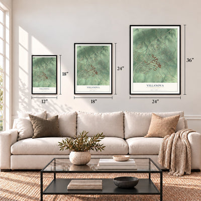 Villanova, Pennsylvania map in 12 x 18, 18 x 24 and 24 x 36 inch sizes above a sofa