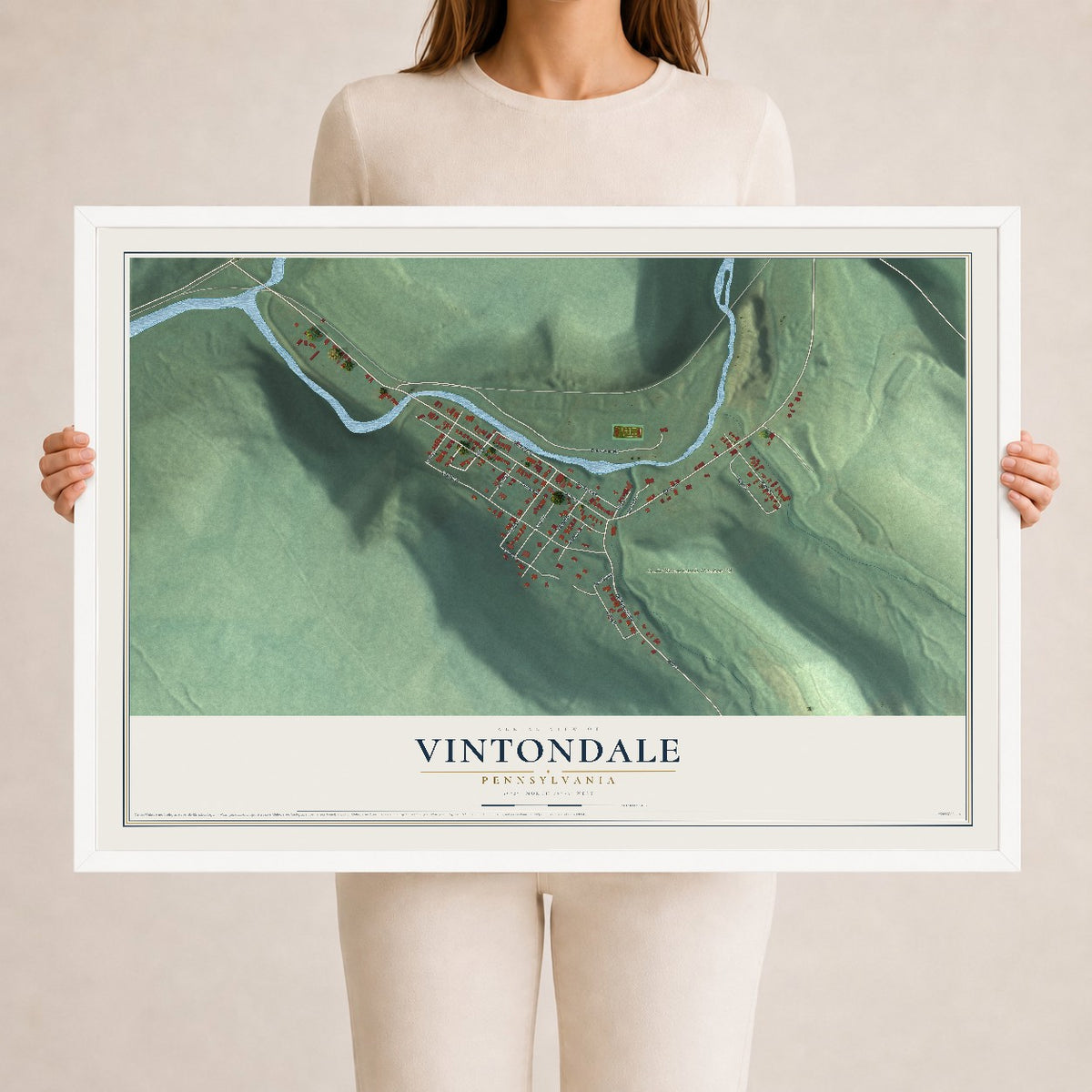 Map of Vintondale, Pennsylvania, 24 x 36 inch print in a white wood frame