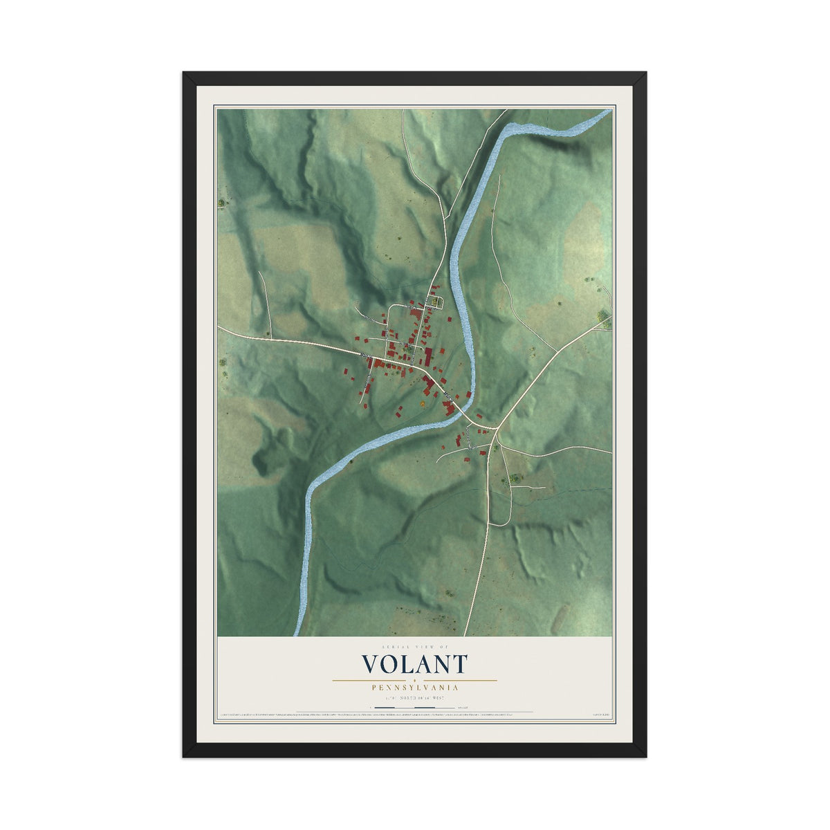 Map of Volant, Pennsylvania, 12 x 18 inch print in a black wood frame