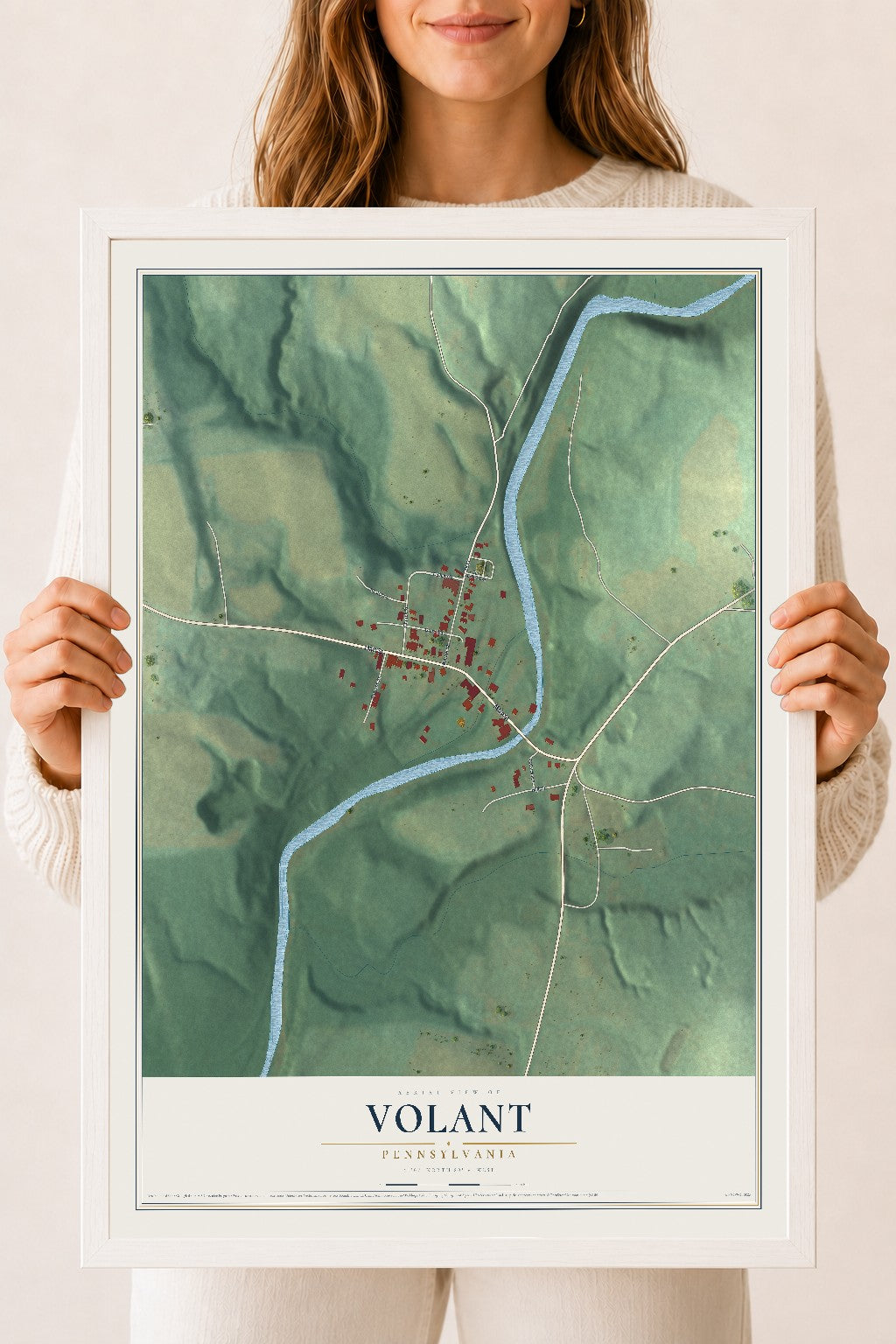 Map of Volant, Pennsylvania, 18 x 24 inch print in a white wood frame