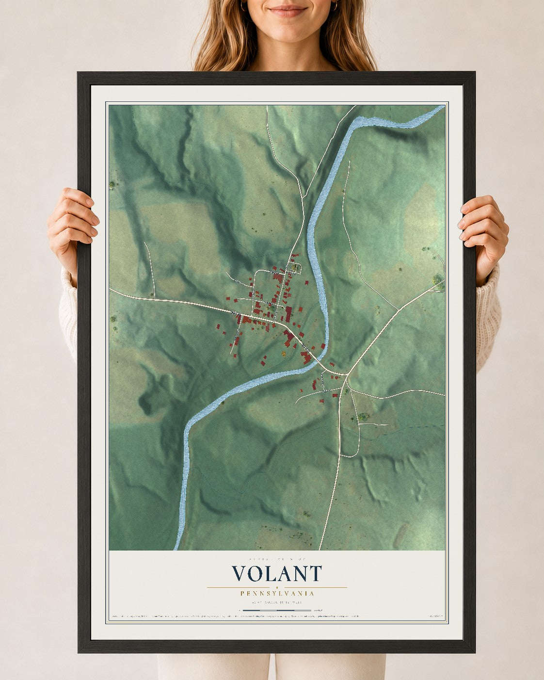 Map of Volant, Pennsylvania, 24 x 36 inch print in a black wood frame