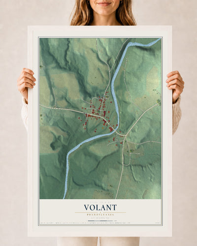 Map of Volant, Pennsylvania, 24 x 36 inch print in a white wood frame