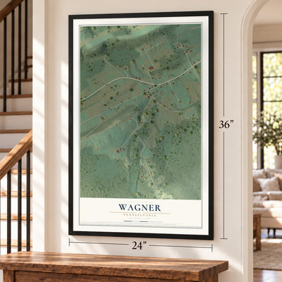 Wagner, Pennsylvania map, 24 x 36 inch print in a black frame by a staircase