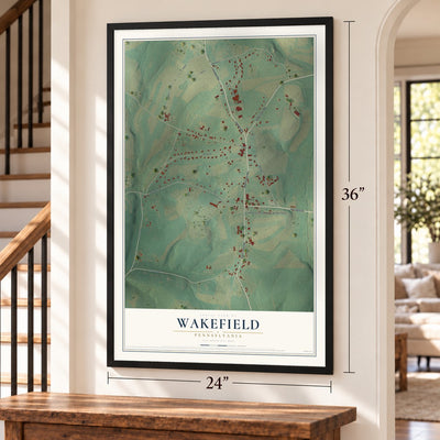 Wakefield, Pennsylvania map, 24 x 36 inch print in a black frame by a staircase