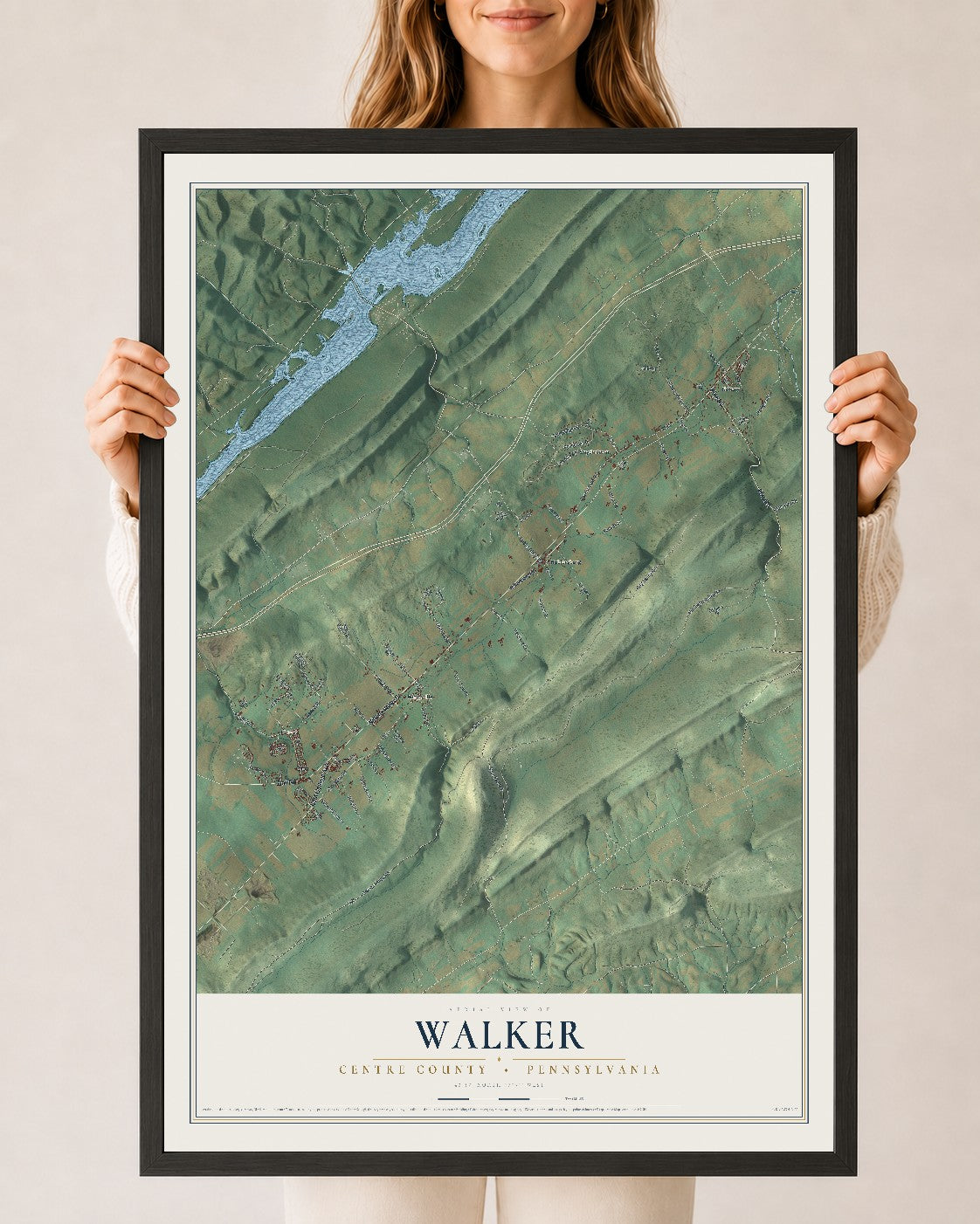 Map of Walker, Centre County, Pennsylvania, 24 x 36 inch print in a black wood frame
