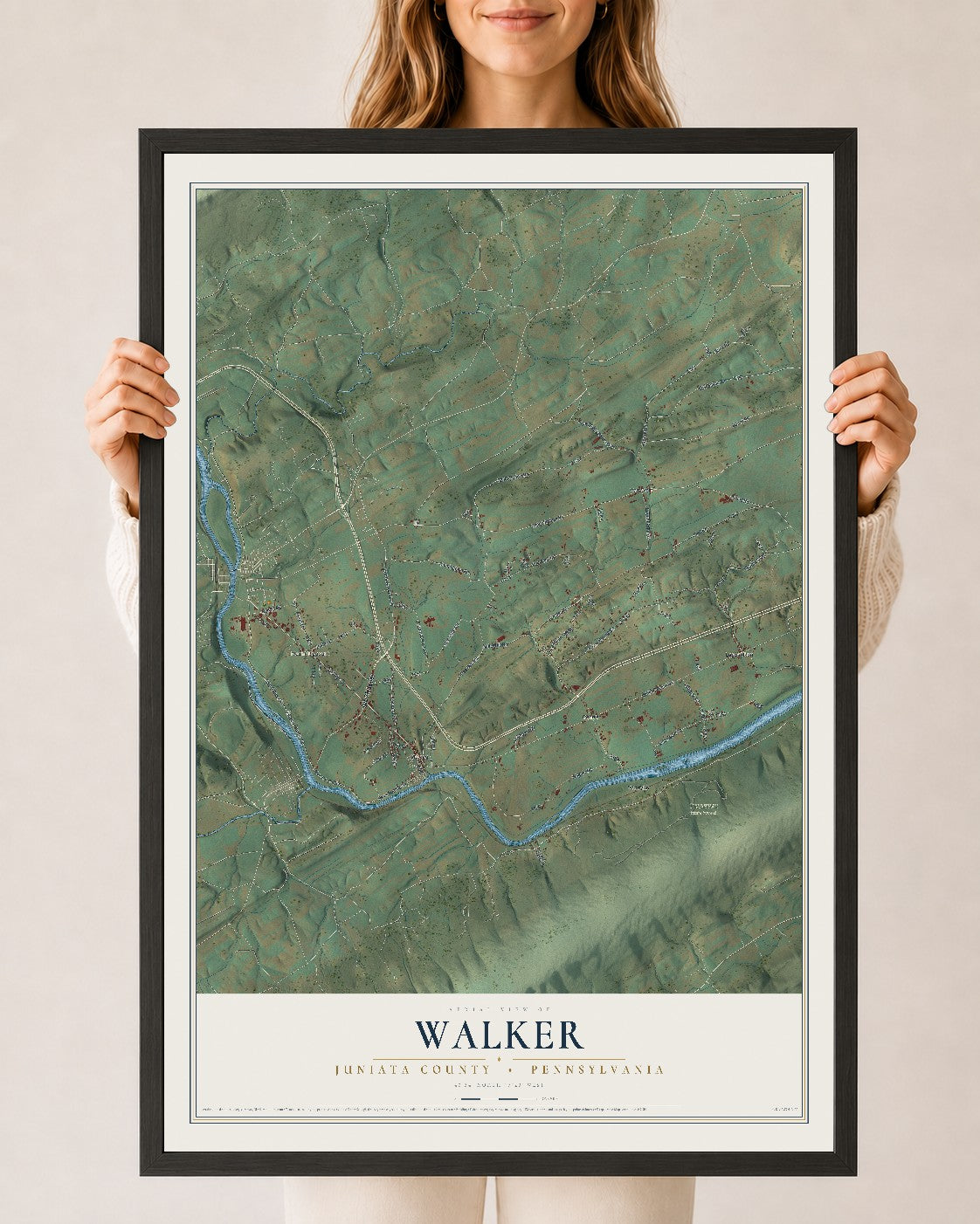 Map of Walker, Juniata County, Pennsylvania, 24 x 36 inch print in a black wood frame