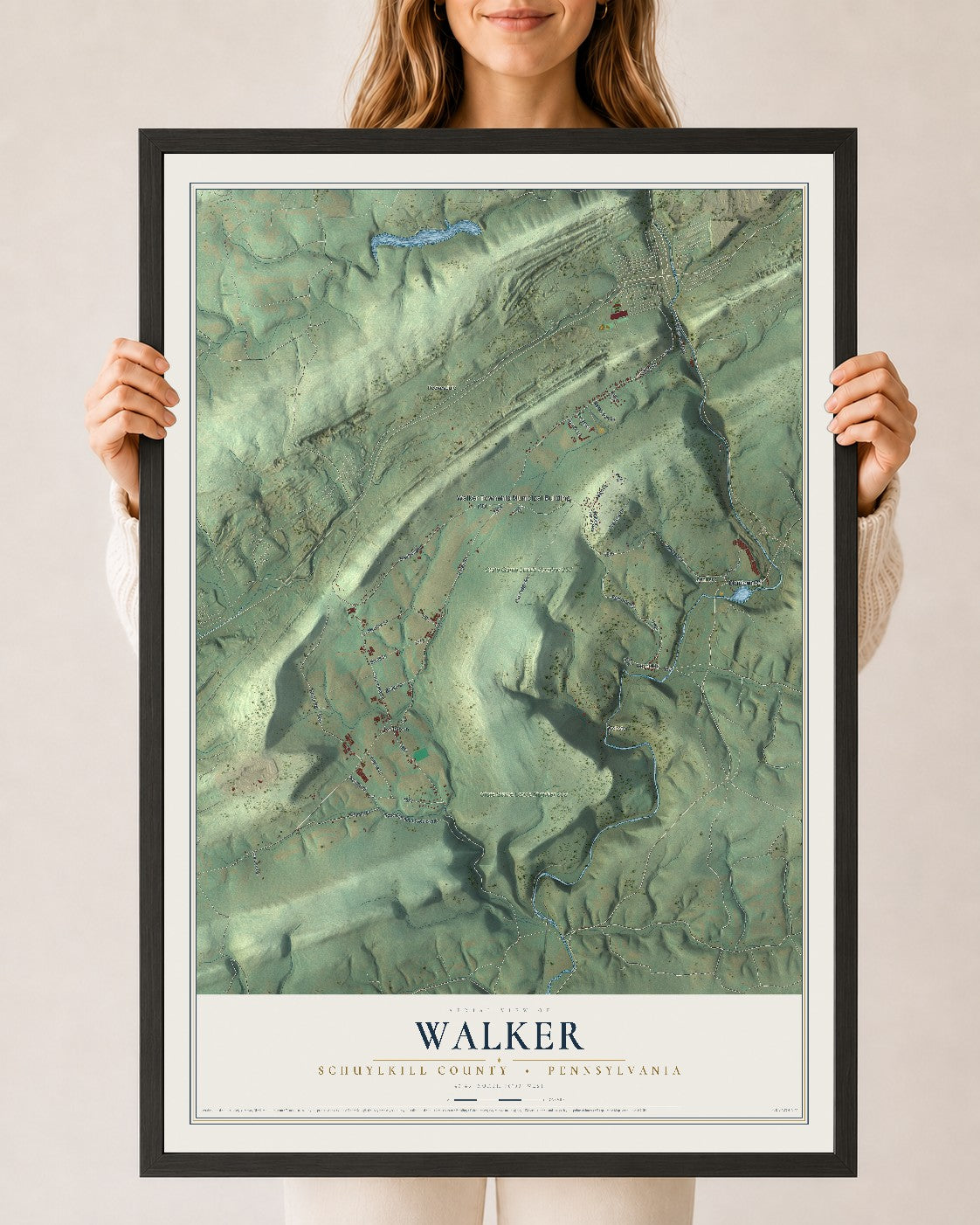 Map of Walker, Schuylkill County, Pennsylvania, 24 x 36 inch print in a black wood frame
