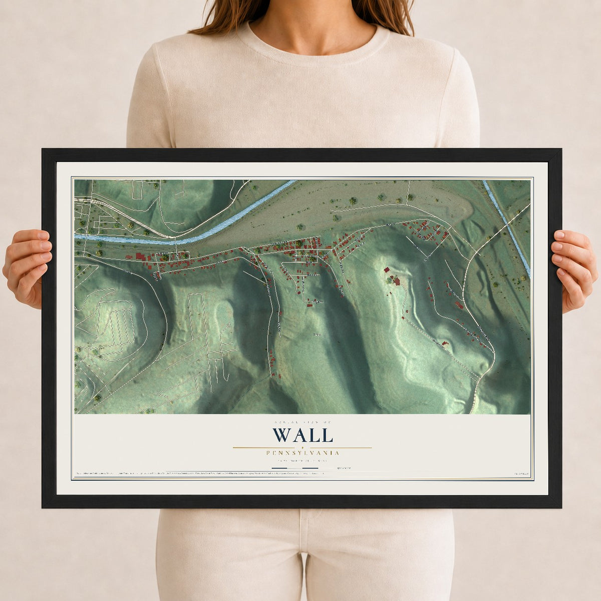 Map of Wall, Pennsylvania, 12 x 18 inch print in a black wood frame