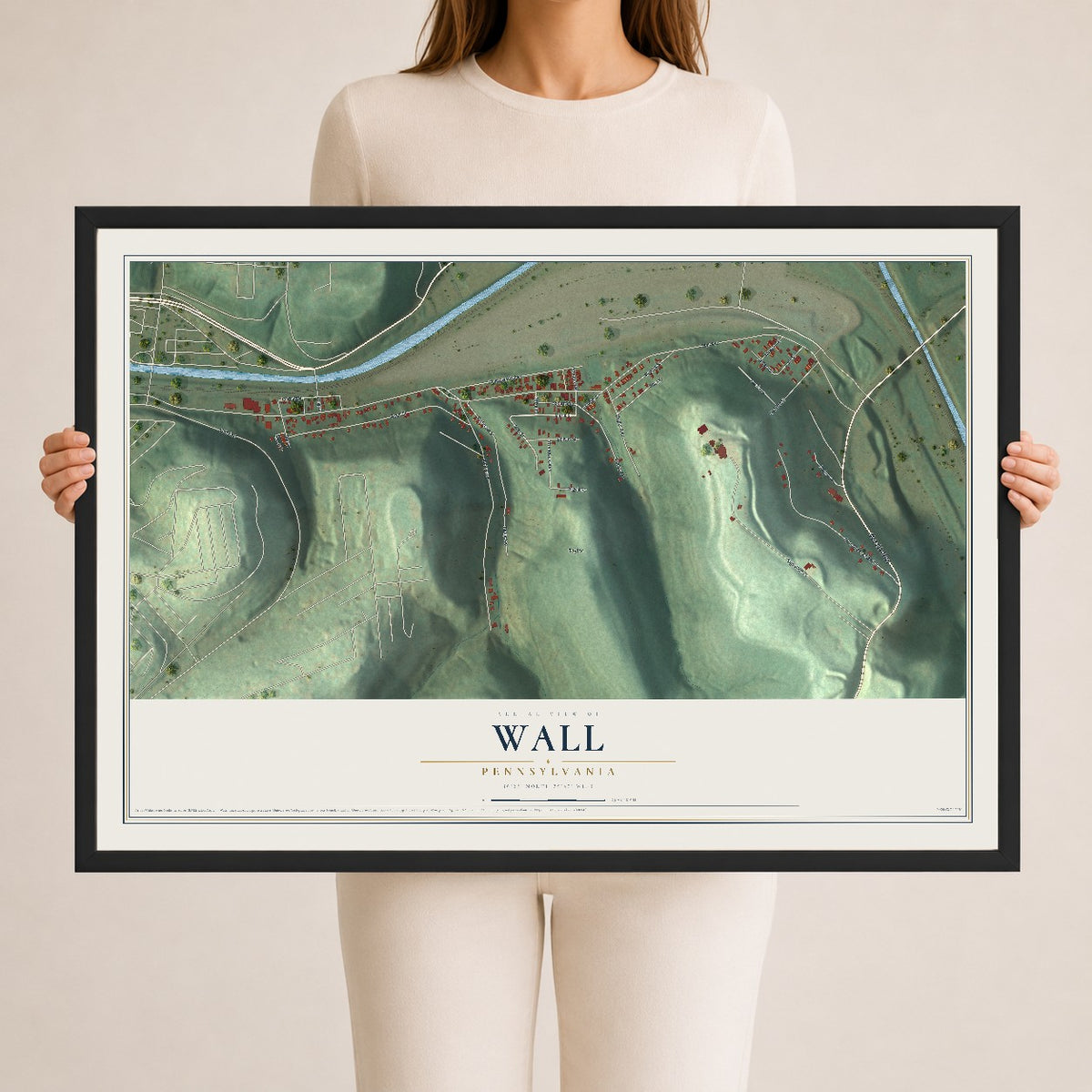 Map of Wall, Pennsylvania, 24 x 36 inch print in a black wood frame