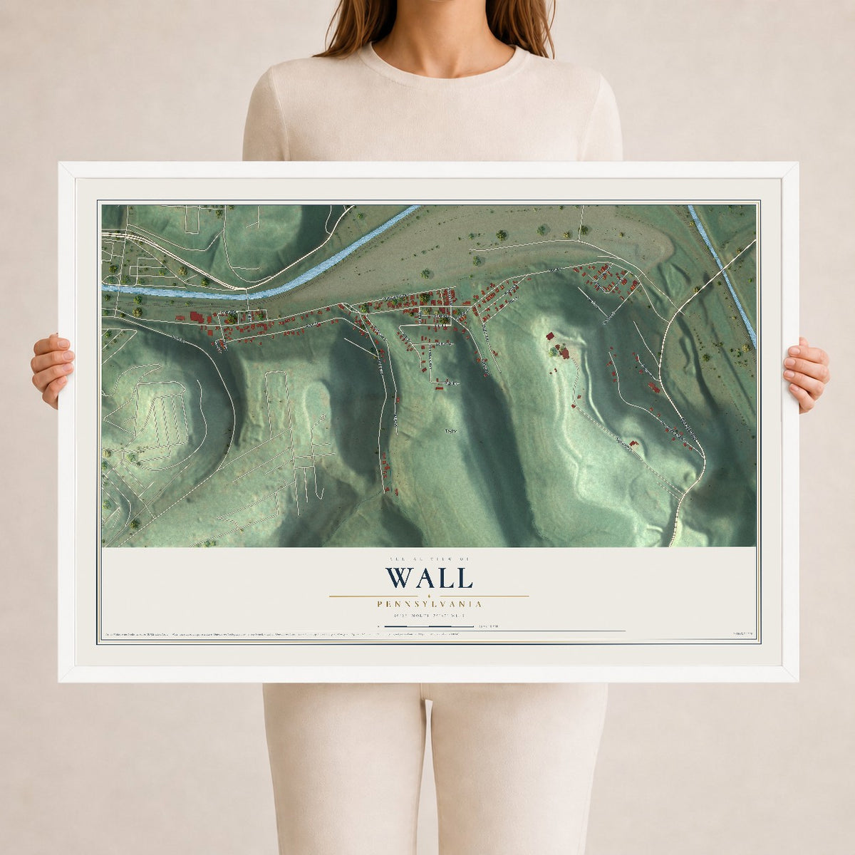 Map of Wall, Pennsylvania, 24 x 36 inch print in a white wood frame