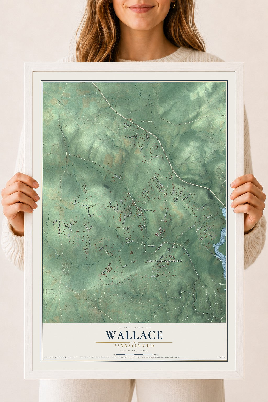 Map of Wallace, Pennsylvania, 18 x 24 inch print in a white wood frame