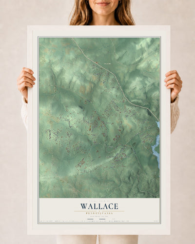 Map of Wallace, Pennsylvania, 24 x 36 inch print in a white wood frame