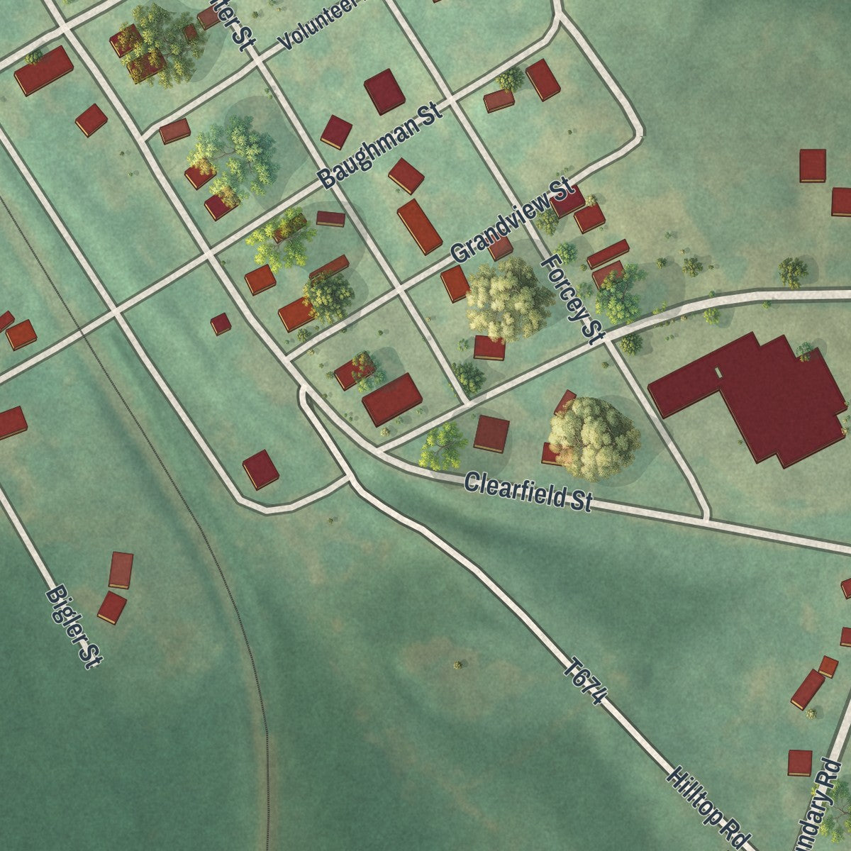 Close-up of the map of Wallaceton, Pennsylvania print showing street and building detail