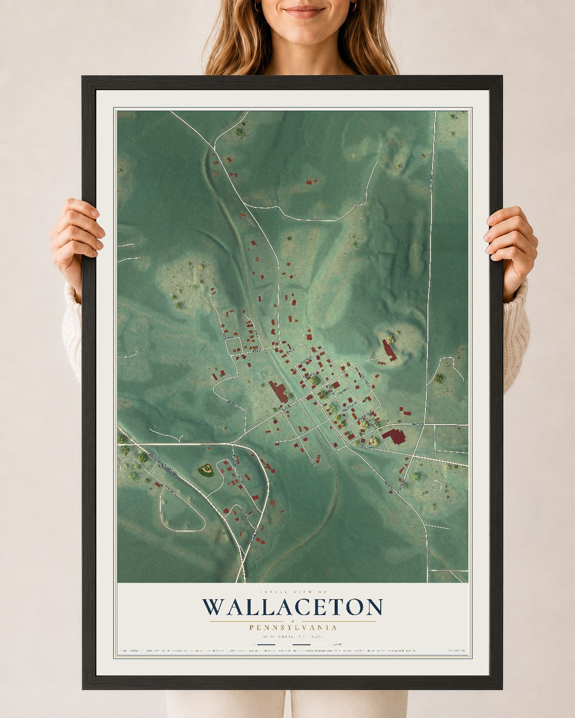 Map of Wallaceton, Pennsylvania, 24 x 36 inch print in a black wood frame