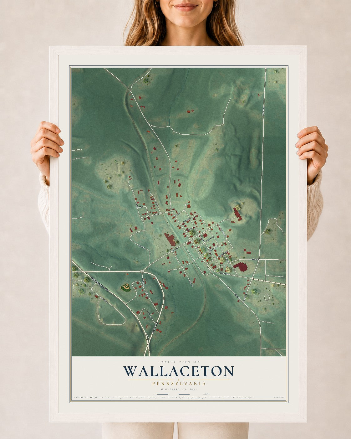 Map of Wallaceton, Pennsylvania, 24 x 36 inch print in a white wood frame