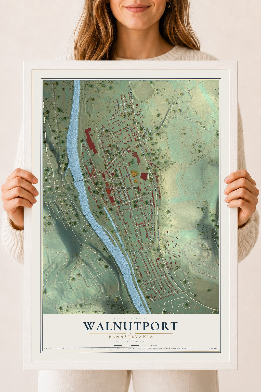 Map of Walnutport, Pennsylvania, 18 x 24 inch print in a white wood frame