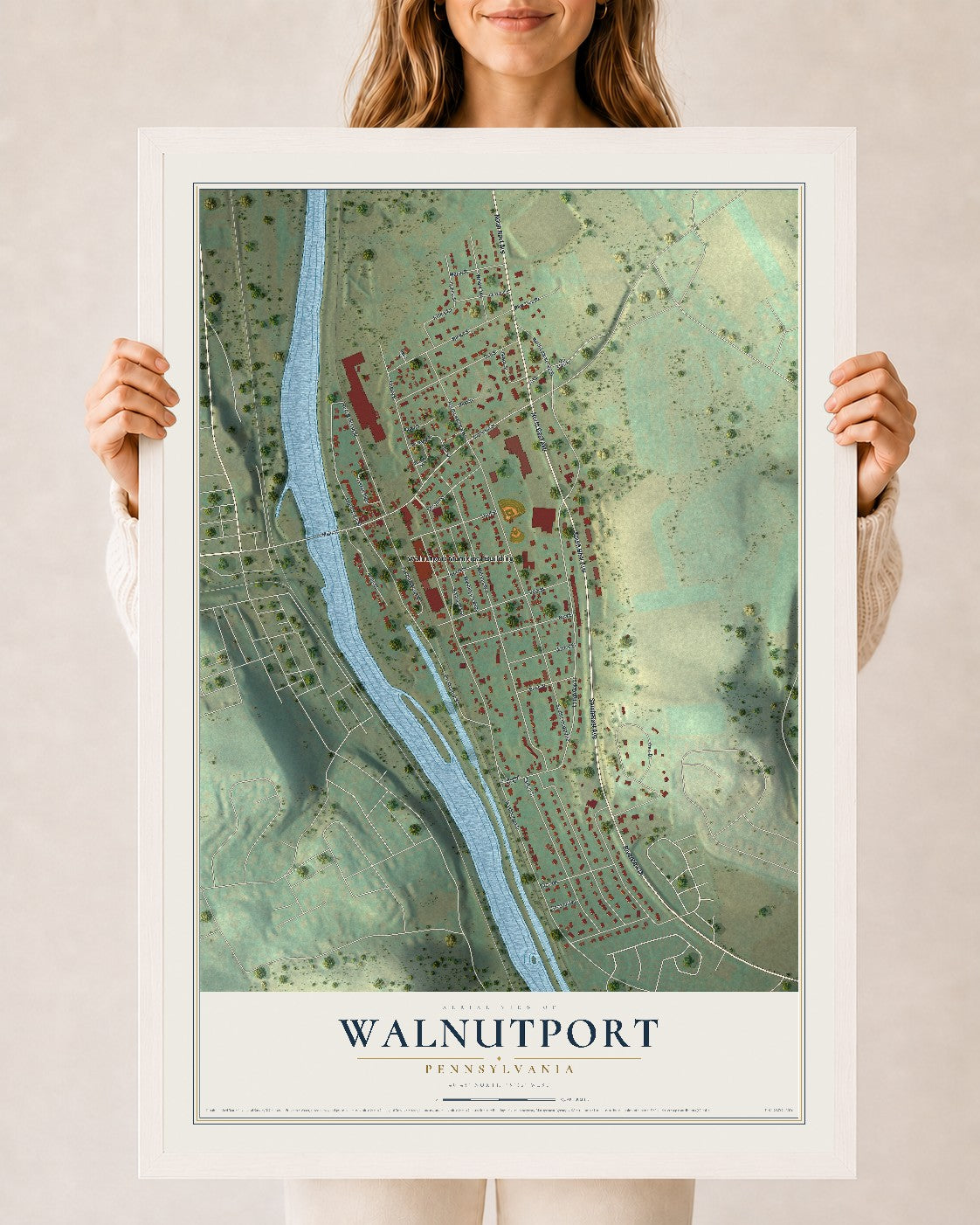 Map of Walnutport, Pennsylvania, 24 x 36 inch print in a white wood frame