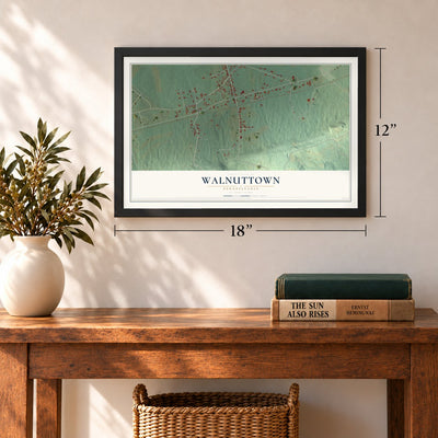 Walnuttown, Pennsylvania map, 12 x 18 inch print in a black frame in an entryway
