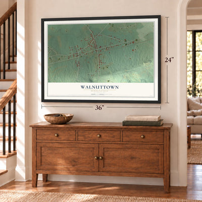 Walnuttown, Pennsylvania map, 24 x 36 inch print in a black frame above a dresser by a staircase
