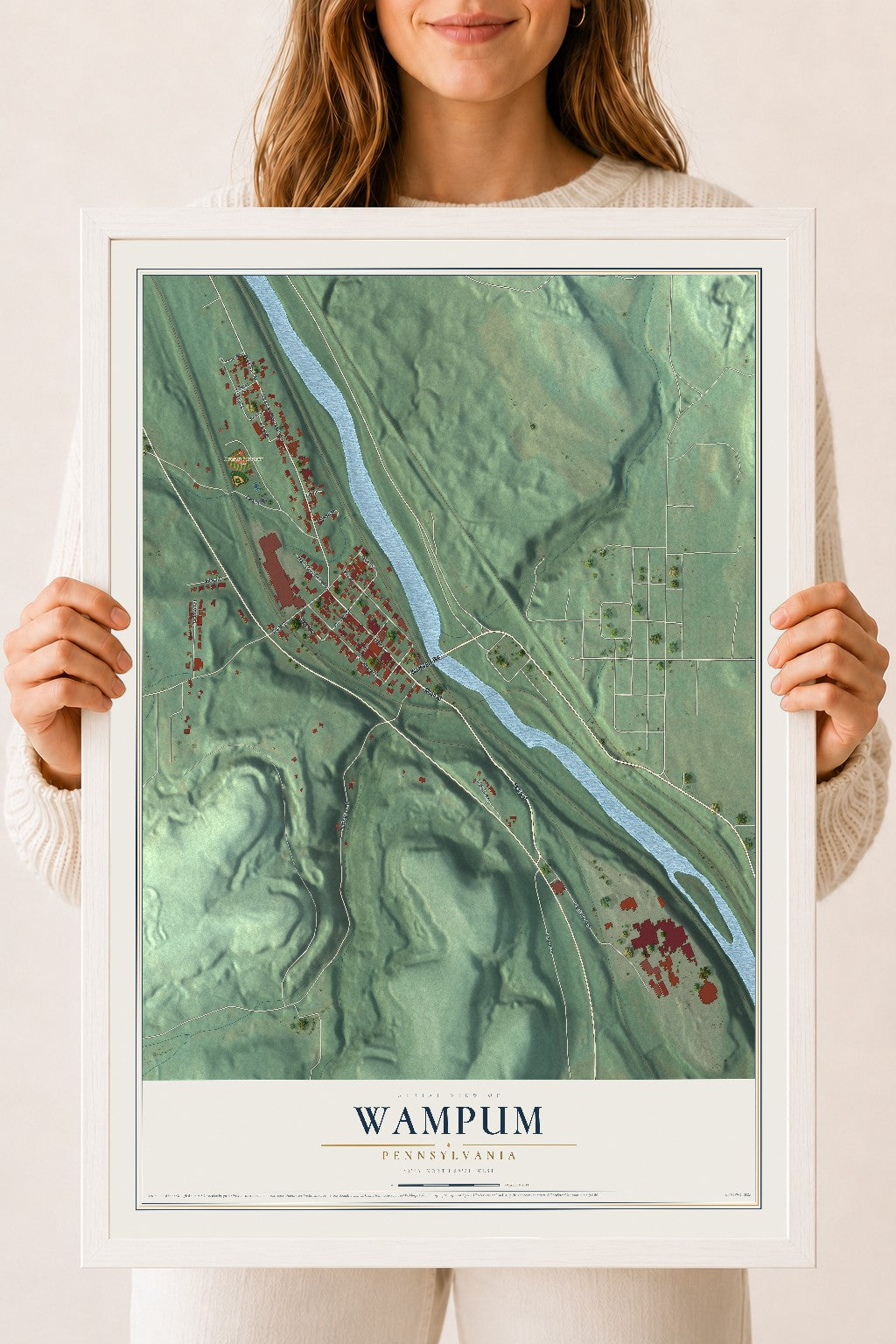 Map of Wampum, Pennsylvania, 18 x 24 inch print in a white wood frame