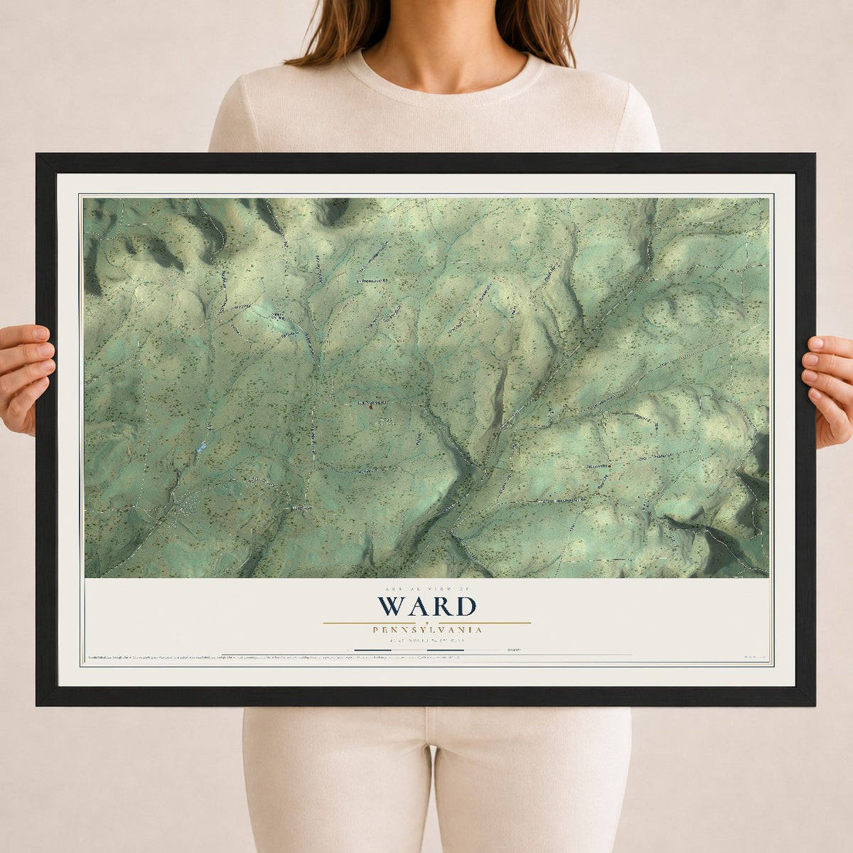 Map of Ward, Pennsylvania, 18 x 24 inch print in a black wood frame