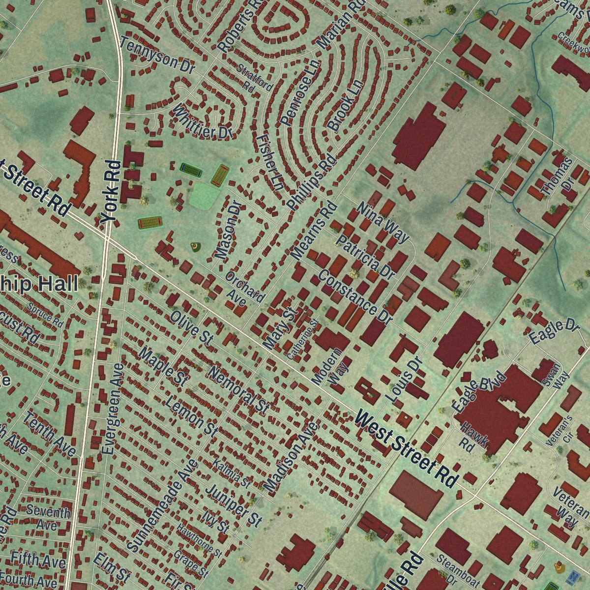 Close-up of the map of Warminster, Pennsylvania print showing street and building detail