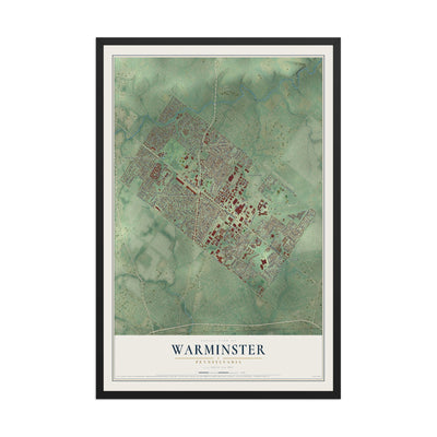 Map of Warminster, Pennsylvania, 12 x 18 inch print in a black wood frame