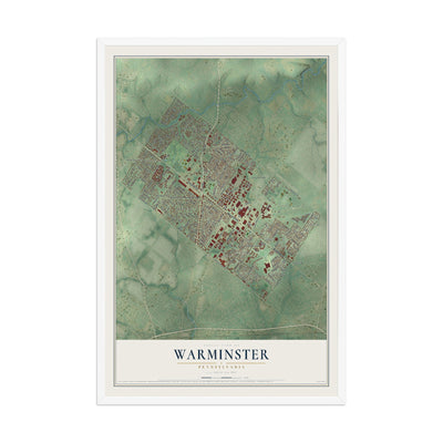Map of Warminster, Pennsylvania, 12 x 18 inch print in a white wood frame