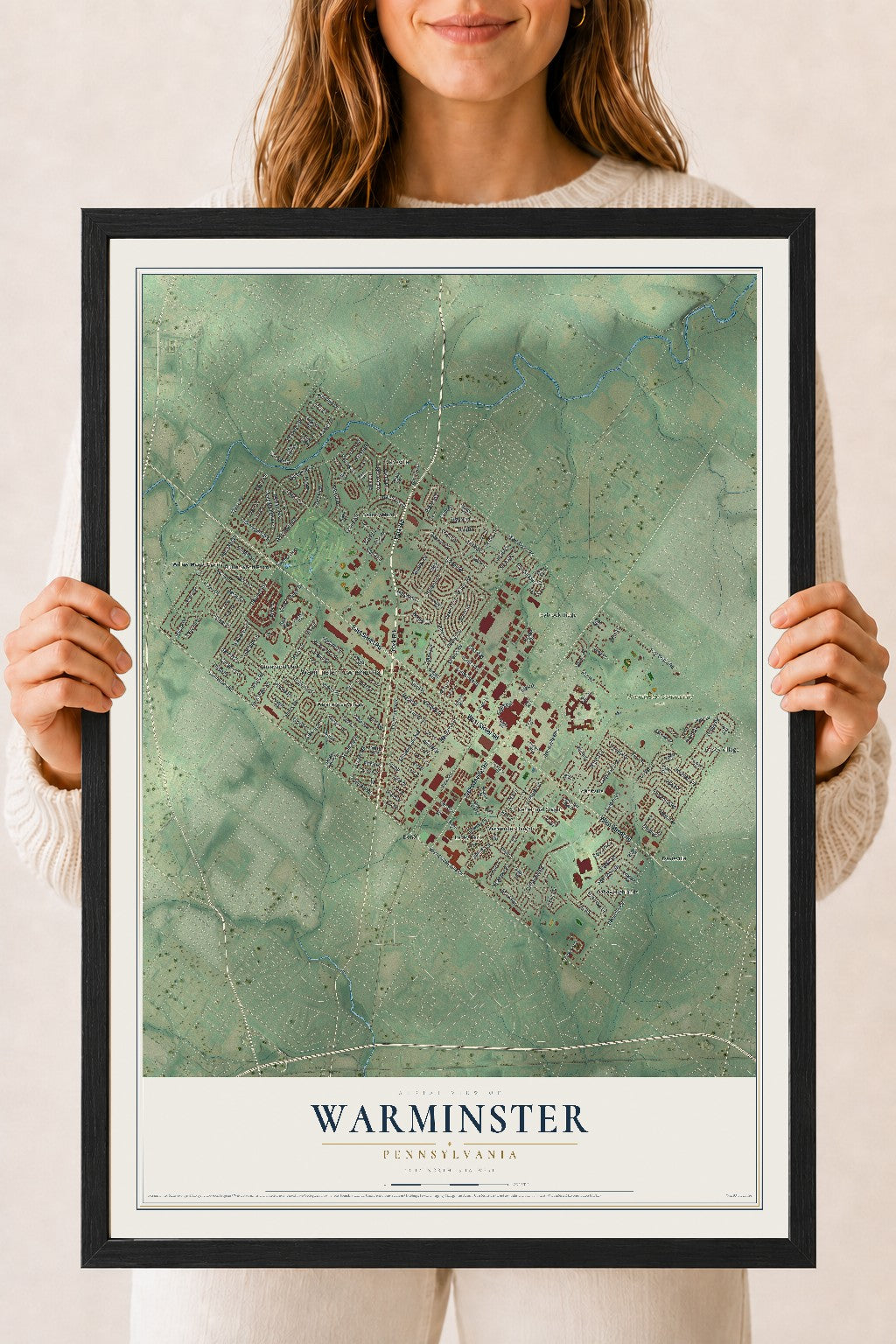 Map of Warminster, Pennsylvania, 18 x 24 inch print in a black wood frame
