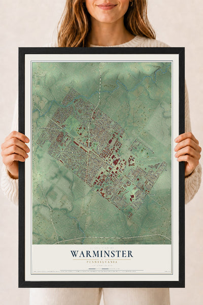 Map of Warminster, Pennsylvania, 18 x 24 inch print in a black wood frame