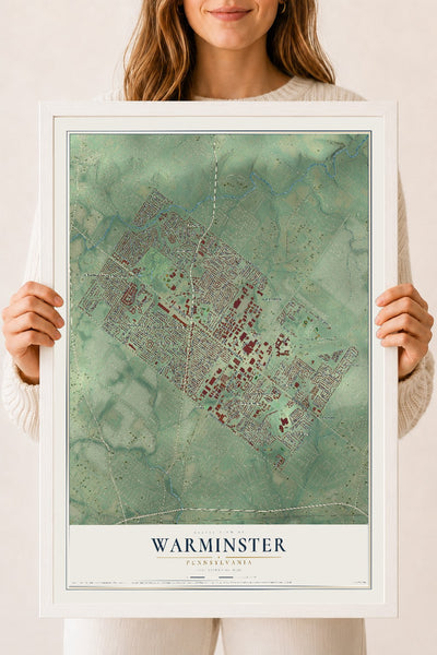 Map of Warminster, Pennsylvania, 18 x 24 inch print in a white wood frame