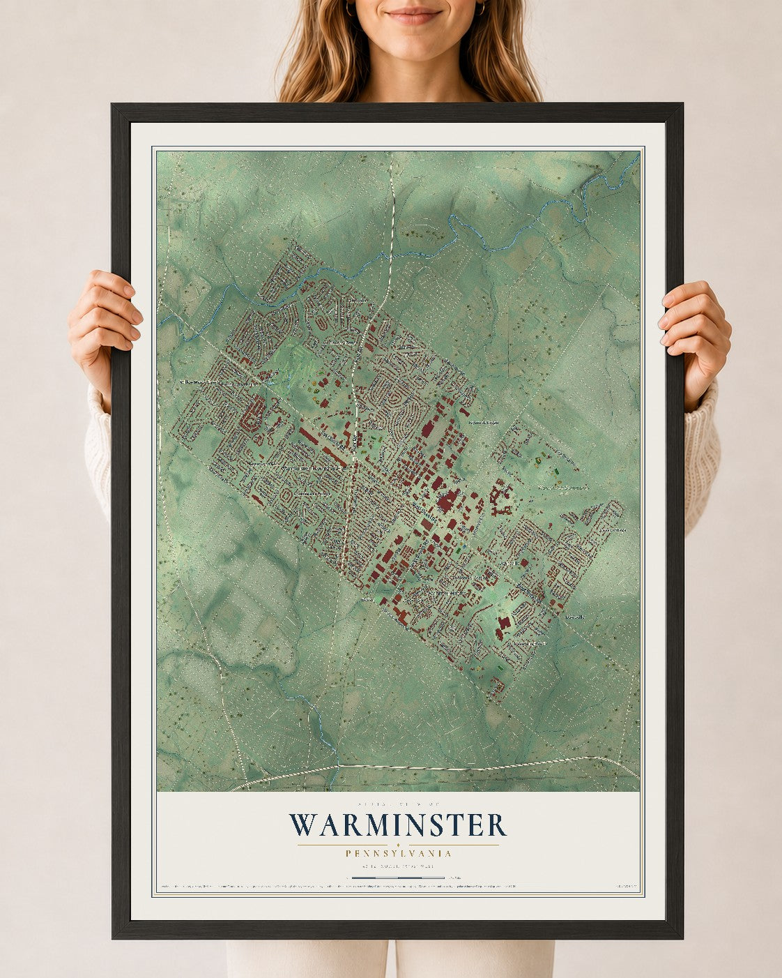 Map of Warminster, Pennsylvania, 24 x 36 inch print in a black wood frame