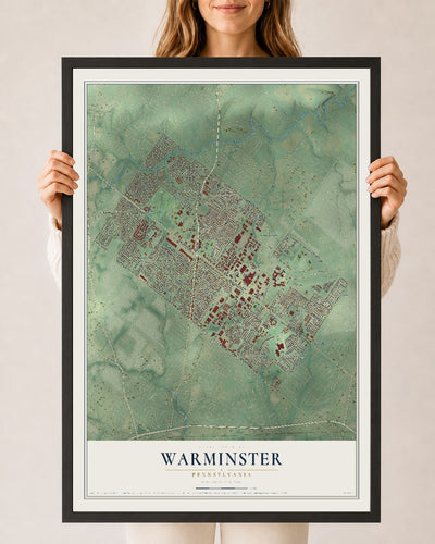 Map of Warminster, Pennsylvania, 24 x 36 inch print in a black wood frame