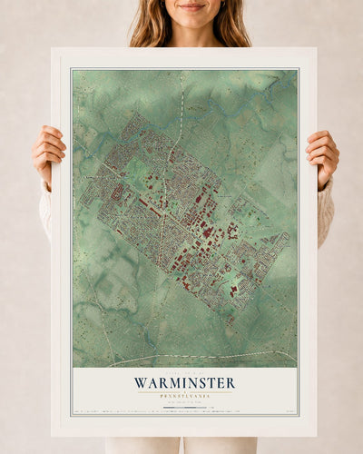 Map of Warminster, Pennsylvania, 24 x 36 inch print in a white wood frame