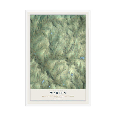 Map of Warren, Bradford County, Pennsylvania, 12 x 18 inch print in a white wood frame