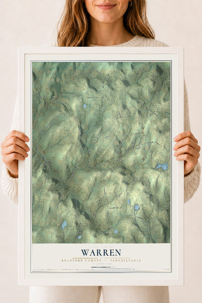 Map of Warren, Bradford County, Pennsylvania, 18 x 24 inch print in a white wood frame