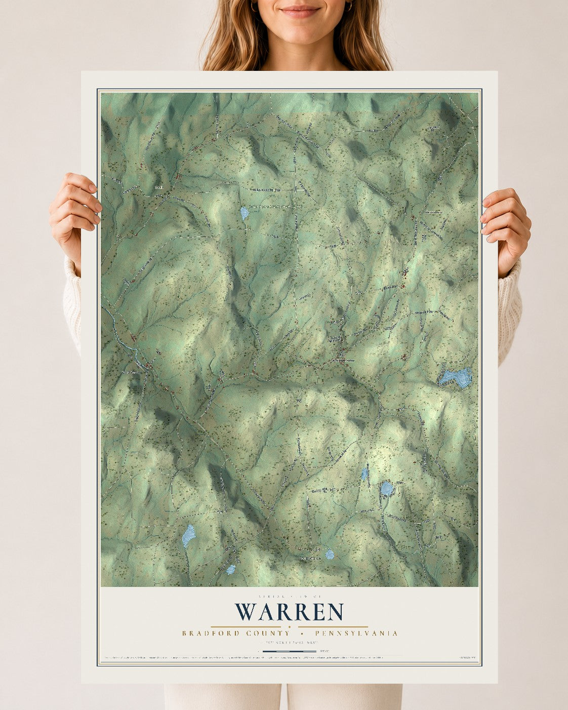 Map of Warren, Bradford County, Pennsylvania, 24 x 36 inch unframed archival matte print