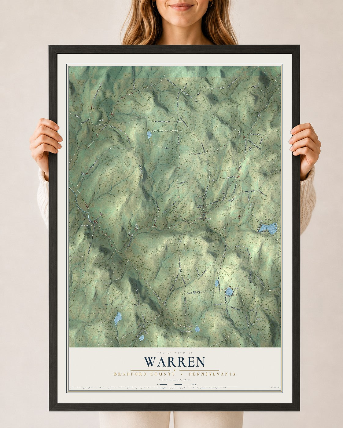 Map of Warren, Bradford County, Pennsylvania, 24 x 36 inch print in a black wood frame