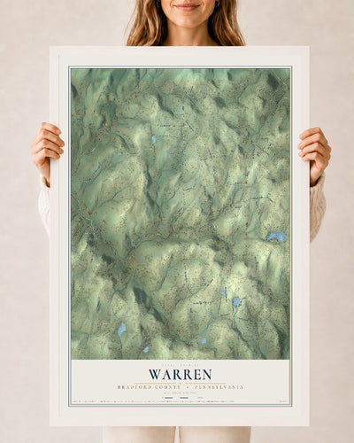 Map of Warren, Bradford County, Pennsylvania, 24 x 36 inch print in a white wood frame