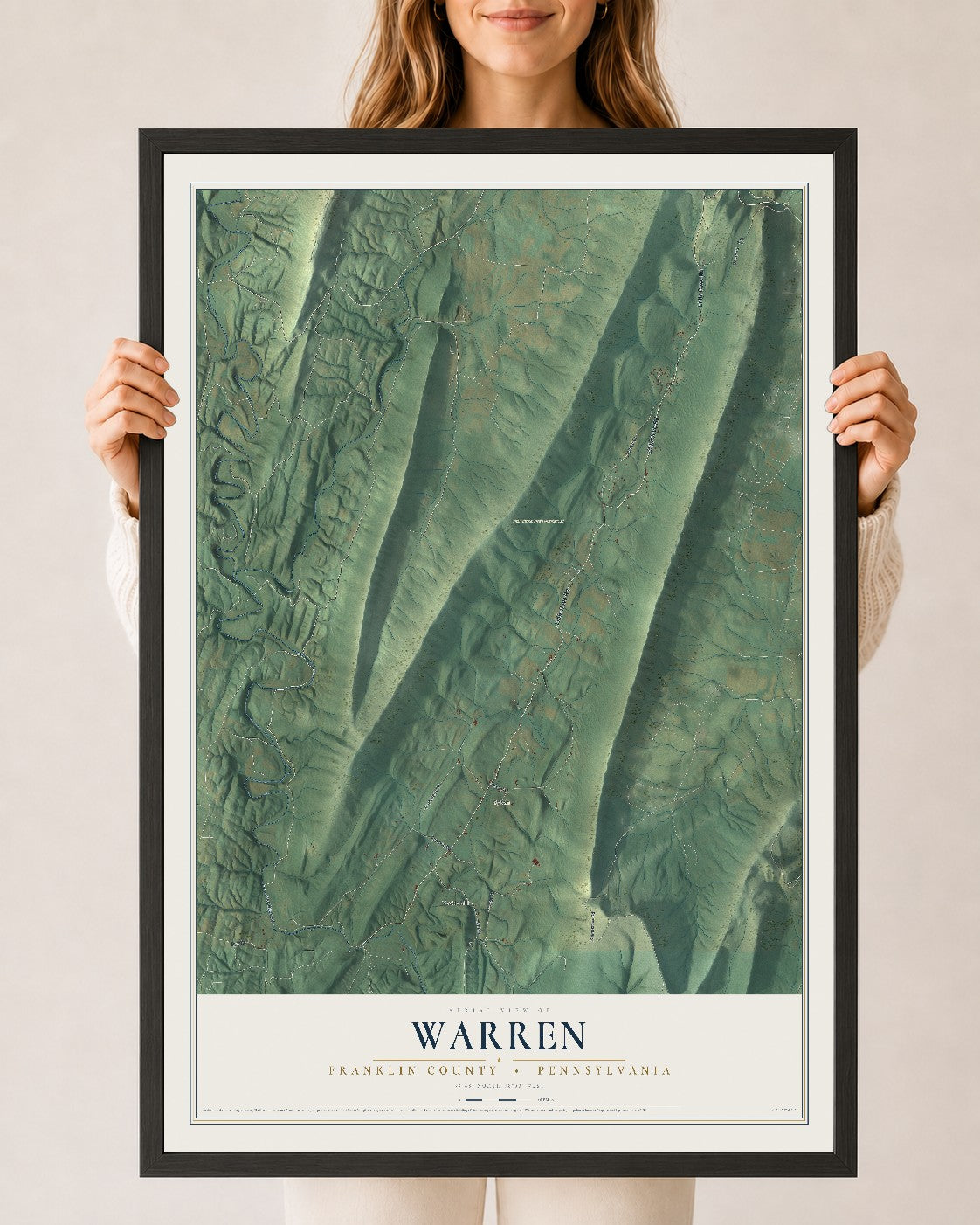 Map of Warren, Franklin County, Pennsylvania, 24 x 36 inch print in a black wood frame